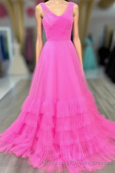 Hot Pink Illusion Strapless A-line Layers Tulle Long Semi Formal Prom Dress